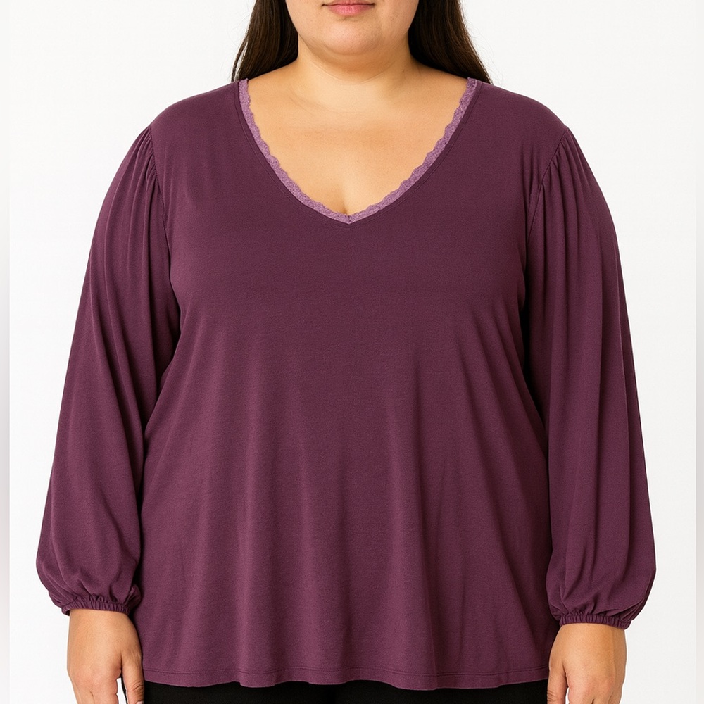 In Every Story Women’s Lace Trim Blouse Long Sleeve 4X Purple Comfort Casual